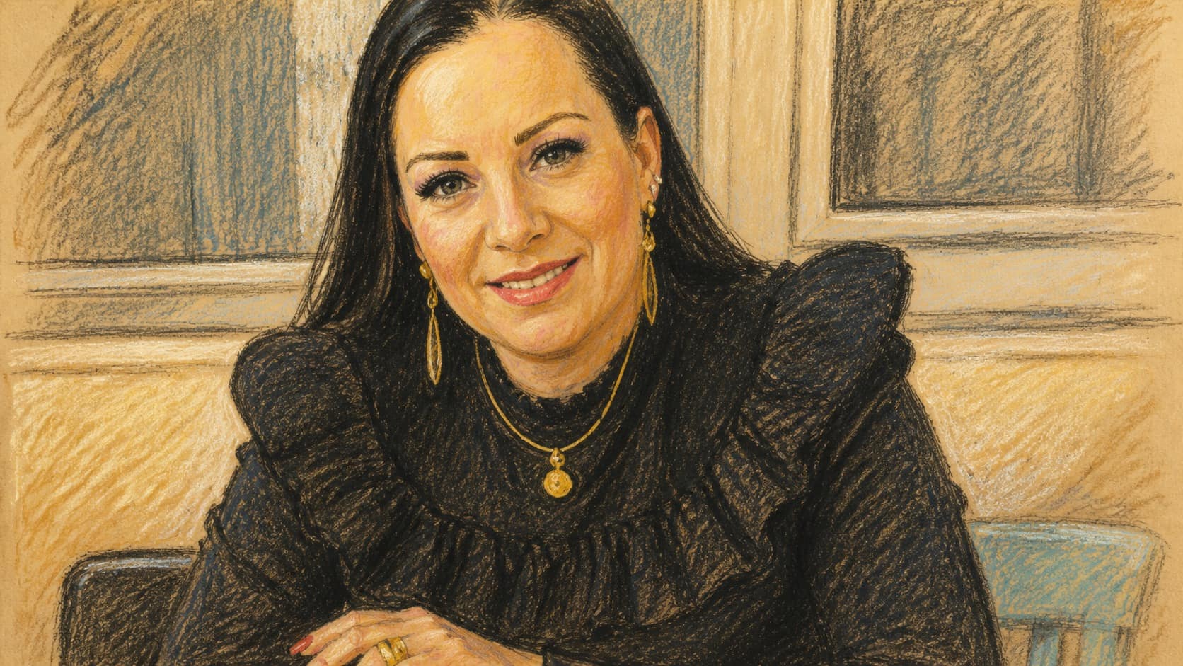 Courtroom-sketch editorial illustration of Likud MK Tally Gotliv seated in a black ruffled blouse and gold jewelry, smiling toward the viewer in front of pale windows, drawn in warm ochre and slate-blue pastel with cross-hatching on sepia newsprint.