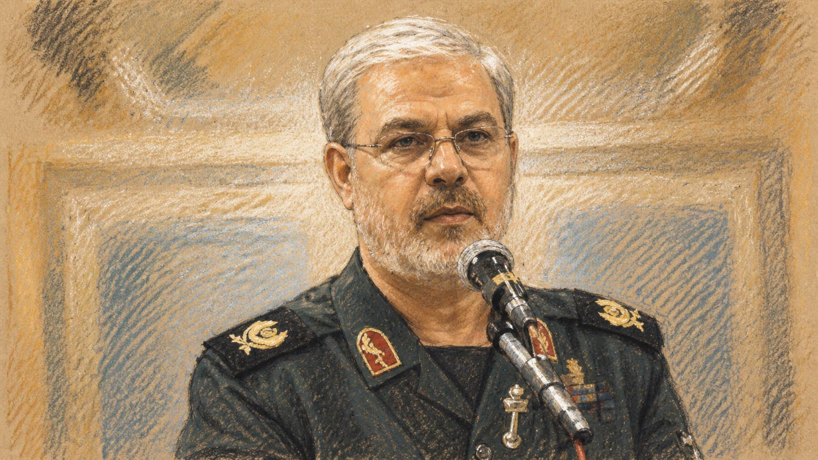 Courtroom-sketch editorial illustration of a gray-haired Iranian military officer in a dark uniform speaking behind a microphone, drawn in warm ochre and slate-blue pastel with cross-hatching on sepia newsprint.