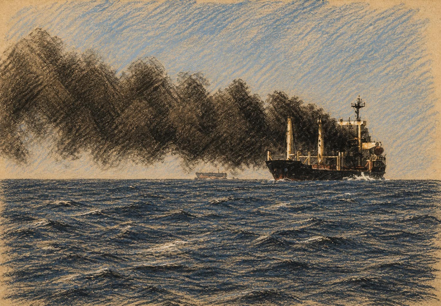 Courtroom-sketch editorial illustration of a dark cargo vessel at sea trailing a long plume of dense black smoke beneath a clear sky, rendered in warm ochre and slate-blue pastel strokes.