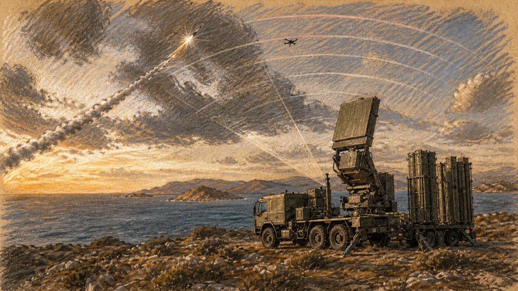Courtroom-sketch editorial illustration of a mobile air-defense radar and missile battery on a rocky Greek coastal hillside as an interceptor launches over the sea and islands, drawn in warm ochre and slate-blue pastel with cross-hatching on sepia newsprint.