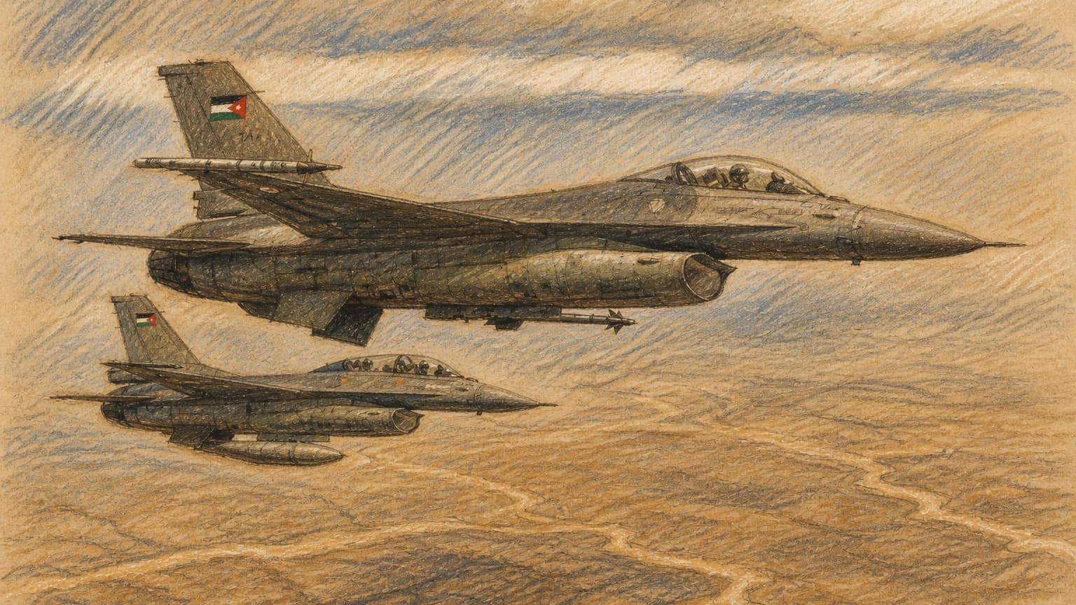 Courtroom-sketch editorial illustration of two Royal Jordanian Air Force F-16 fighter jets flying in close formation over arid terrain, rendered in warm ochre and slate-blue pastel strokes.