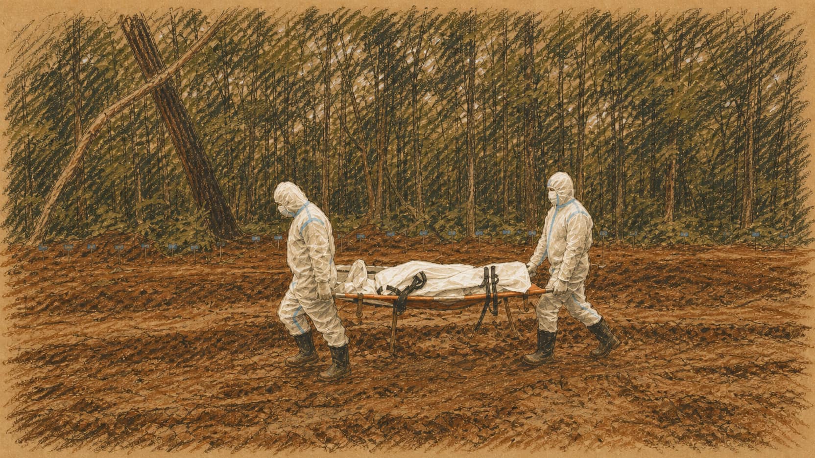 Courtroom-sketch editorial illustration of two disaster-recovery workers in white protective suits carrying a covered body on a stretcher across muddy ground in a forest, rendered in warm ochre and slate-blue pastel strokes.