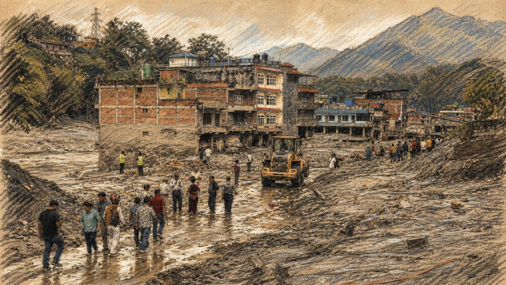 Courtroom-sketch editorial illustration of people and rescue crews crossing a mud-filled Nepalese town street beside an excavator and flood-damaged buildings, rendered in warm ochre and slate-blue pastel strokes.