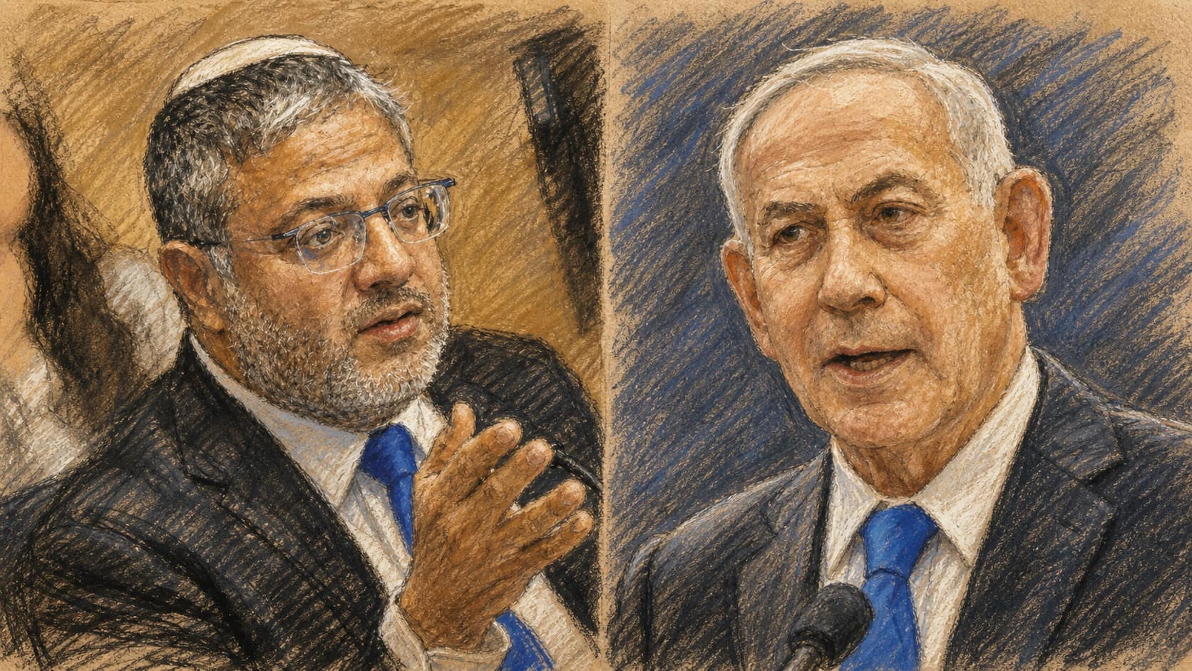 Courtroom-sketch editorial illustration showing Itamar Ben-Gvir seated and gesturing on the left and Benjamin Netanyahu speaking at a microphone on the right, drawn in warm ochre and slate-blue pastel with cross-hatching on sepia newsprint.