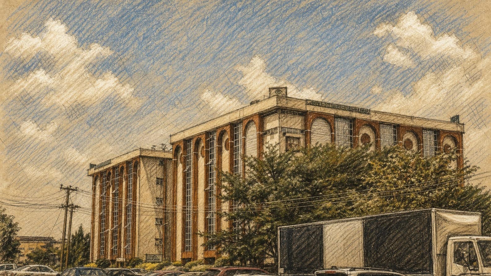 Courtroom-sketch editorial illustration of Nigeria's National Bureau of Statistics headquarters viewed from the street with trees, parked vehicles, and a delivery truck, rendered in warm ochre and slate-blue pastel strokes.