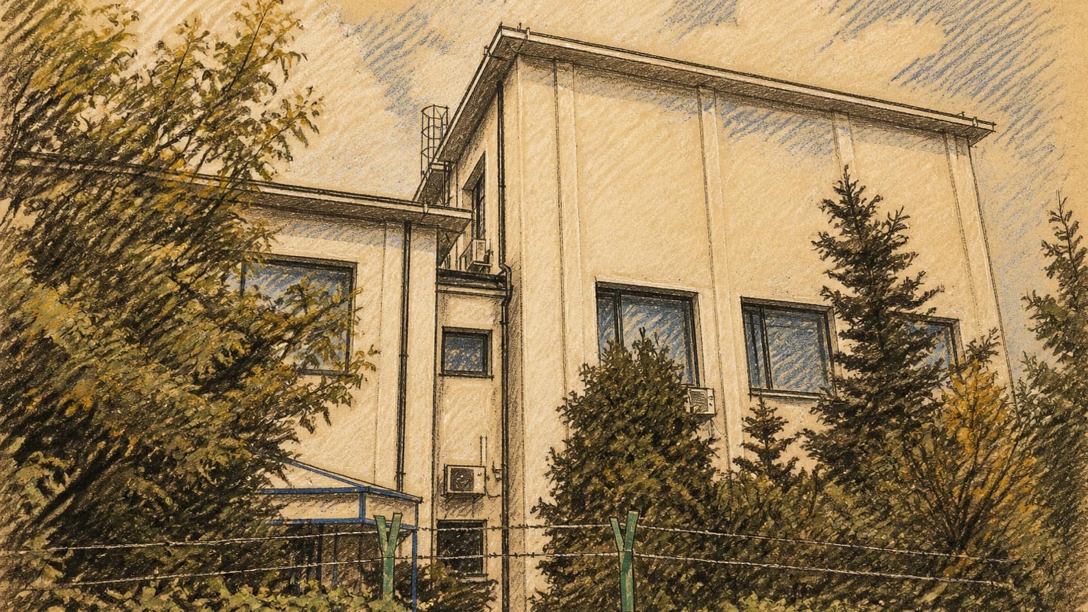 Courtroom-sketch editorial illustration of a modern WB Group industrial building framed by leafy trees, shrubs, and a green perimeter fence, rendered in warm ochre and slate-blue pastel strokes.