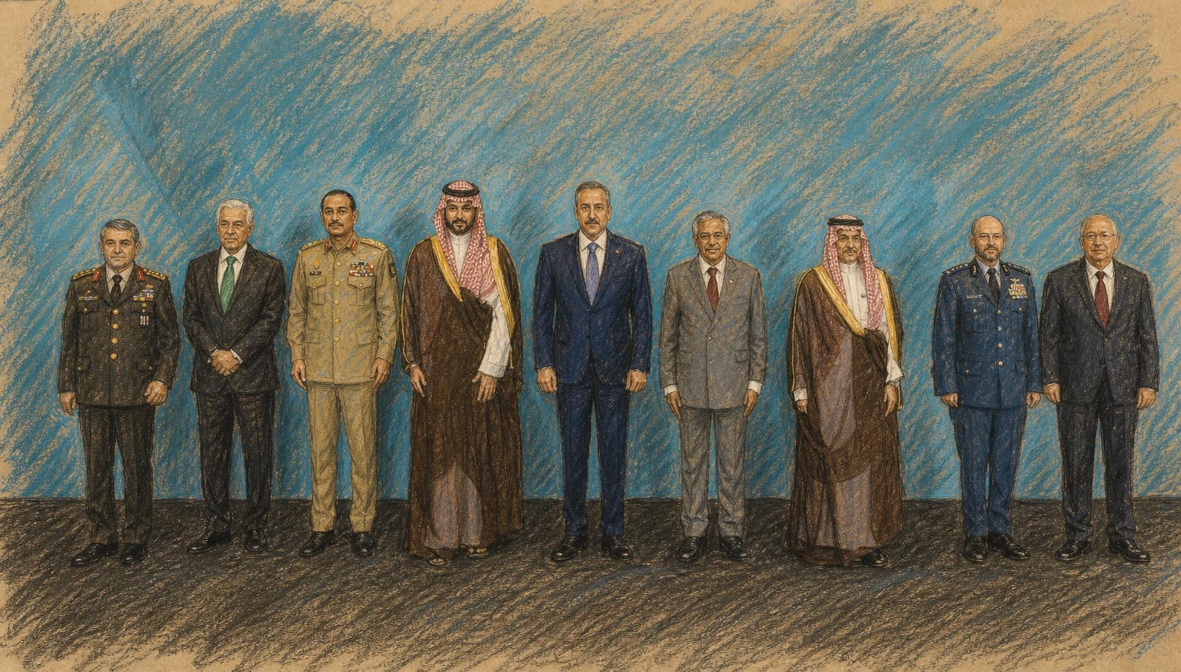 Courtroom-sketch editorial illustration of nine Turkish, Pakistani, and Saudi officials standing shoulder-to-shoulder in a formal group portrait, rendered in warm ochre and slate-blue pastel strokes.
