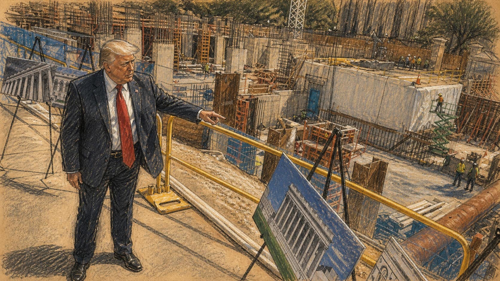 Courtroom-sketch editorial illustration of President Donald Trump pointing toward architectural renderings beside an active White House ballroom construction site, rendered in warm ochre and slate-blue pastel strokes.