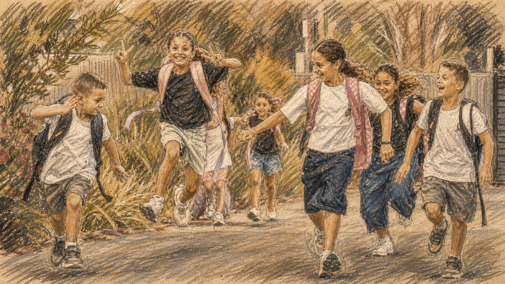 Courtroom-sketch editorial illustration of a group of smiling Israeli schoolchildren wearing backpacks and running toward the camera along a tree-lined school path, drawn in warm ochre and slate-blue pastel with cross-hatching on sepia newsprint.