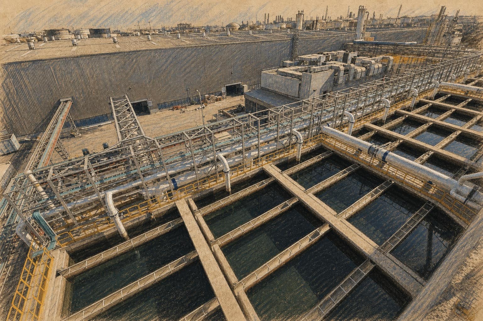 Courtroom-sketch editorial illustration of a large desalination plant viewed from above, with dark rectangular water basins, white pipes, steel processing structures, and long gray industrial buildings, drawn in warm ochre and slate-blue pastel with cross-hatching on sepia newsprint.