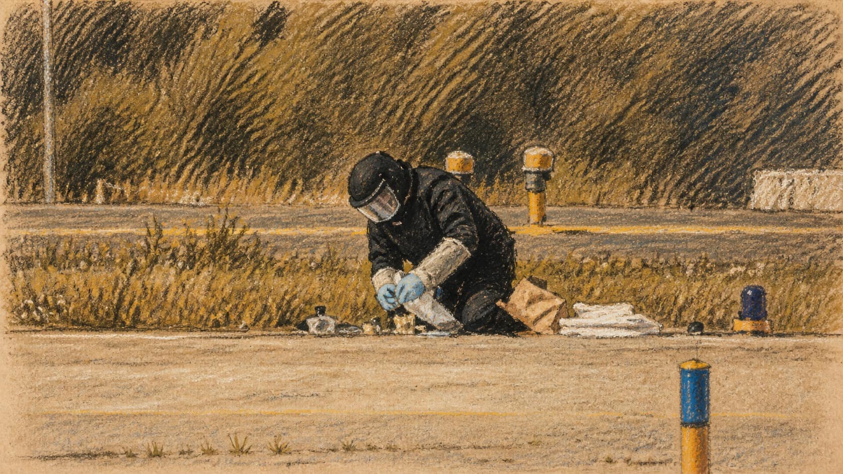 Courtroom-sketch editorial illustration of a forensic investigator kneeling on an airport runway beside evidence bags and runway lights, rendered in warm ochre and slate-blue pastel strokes.