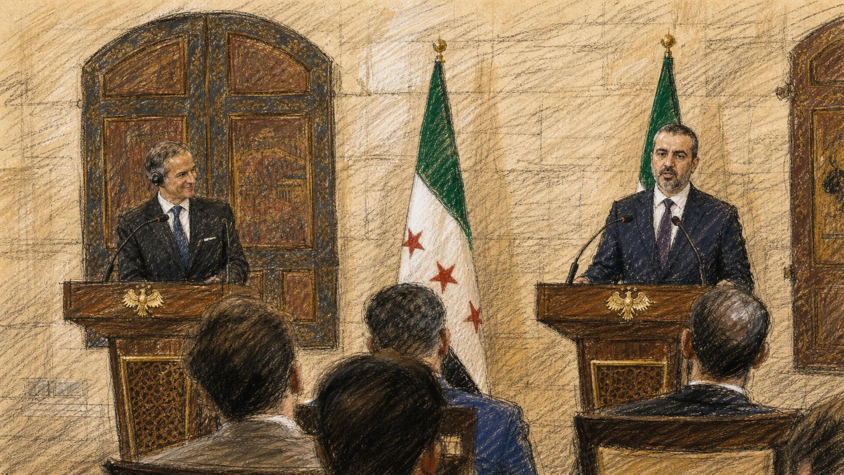Courtroom-sketch editorial illustration of two officials speaking at separate wooden podiums before Syrian flags and ornate doors while seated journalists watch, rendered in warm ochre and slate-blue pastel strokes.