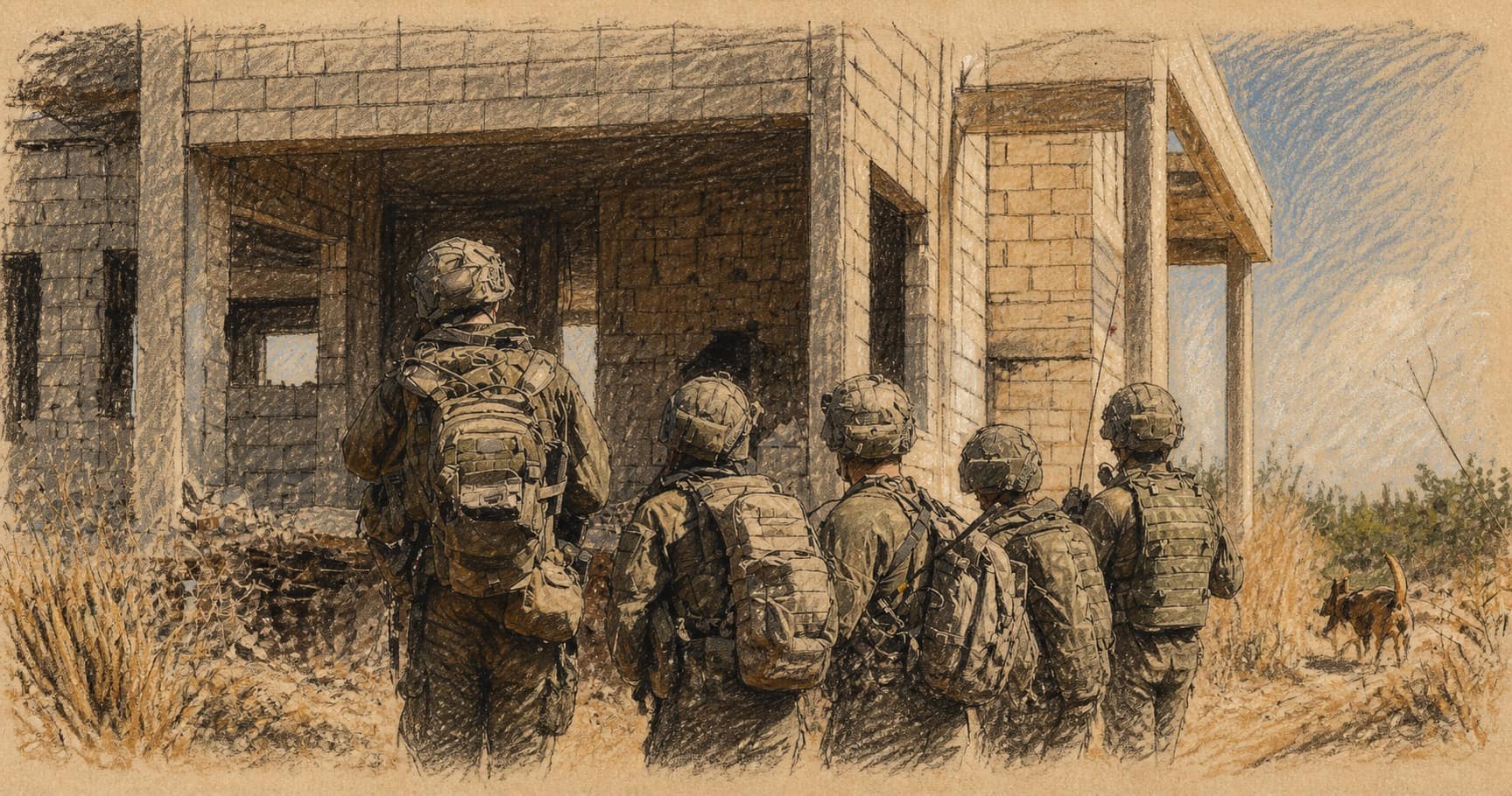 Courtroom-sketch editorial illustration of five IDF soldiers viewed from behind approaching an unfinished concrete-block building amid dry vegetation, drawn in warm ochre and slate-blue pastel with cross-hatching on sepia newsprint.