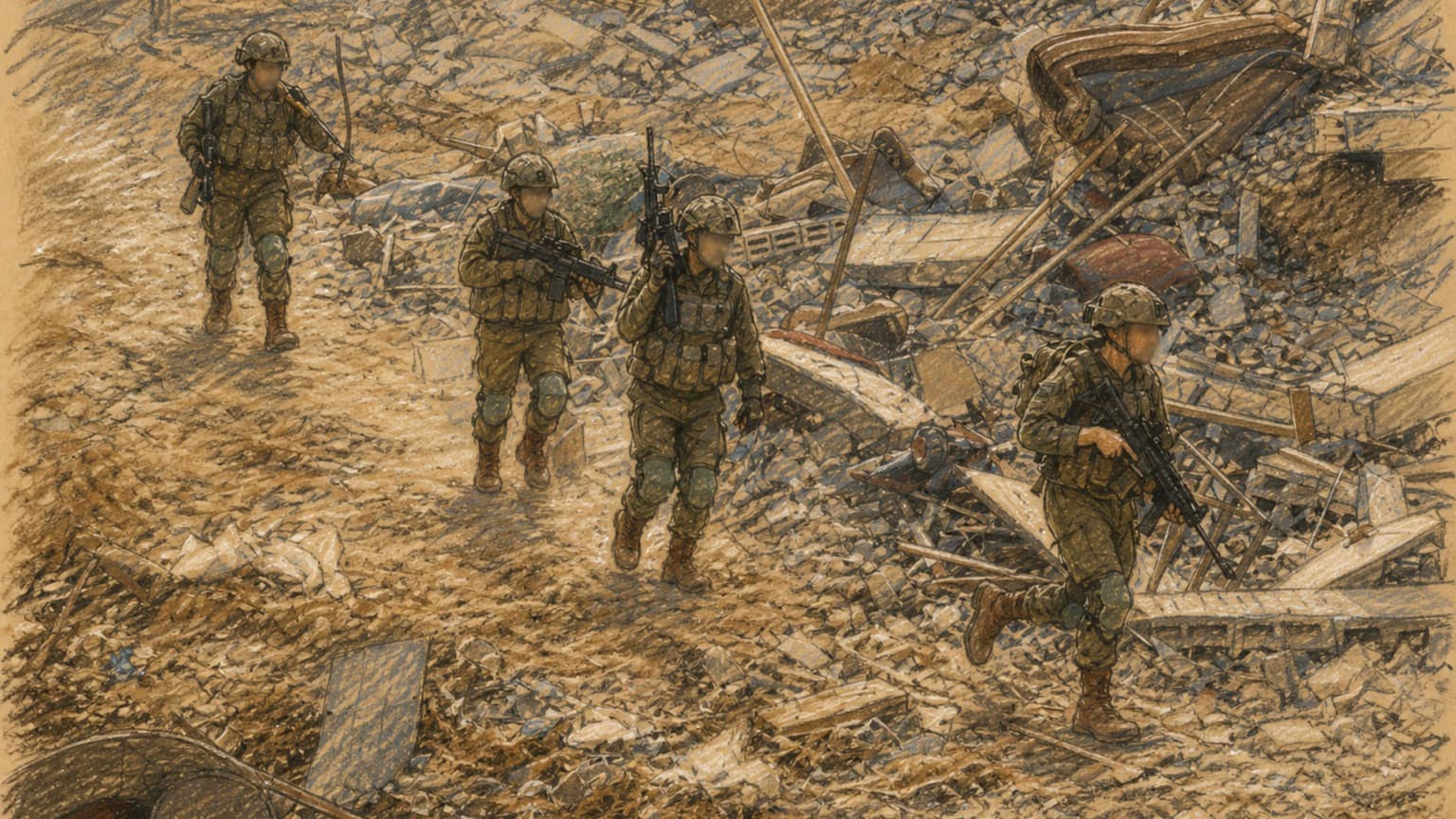 Courtroom-sketch editorial illustration of four IDF paratroopers moving on foot through a rubble-strewn destroyed urban area in Jabalia, drawn in warm ochre and slate-blue pastel with cross-hatching on sepia newsprint.