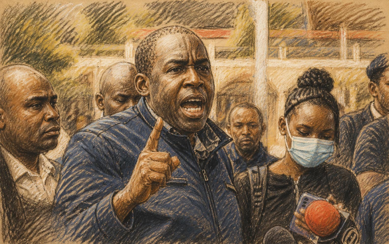 Courtroom-sketch editorial illustration of a Kenyan aviation union representative raising one finger while speaking to reporters beside colleagues and microphones outdoors, rendered in warm ochre and slate-blue pastel strokes.