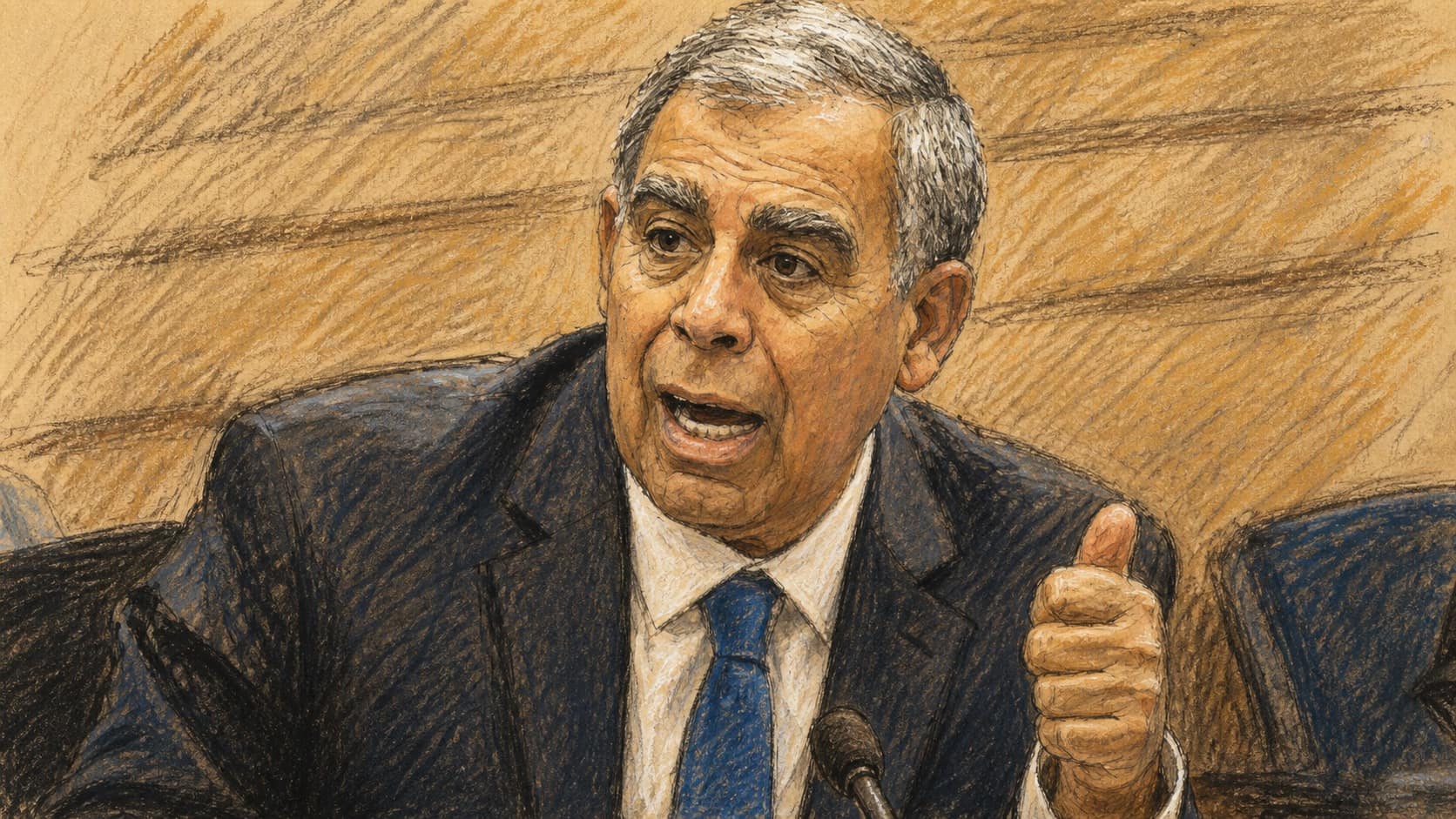 Courtroom-sketch editorial illustration of Mickey Levy speaking at a committee desk in a dark suit and blue tie, raising his thumb beside a microphone, drawn in warm ochre and slate-blue pastel with cross-hatching on sepia newsprint.