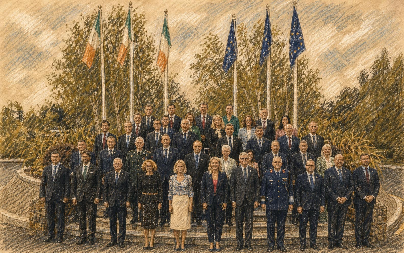 Courtroom-sketch editorial illustration of European defence ministers and officials posed in rows outdoors beneath Irish and European Union flags, drawn in warm ochre and slate-blue pastel with cross-hatching on sepia newsprint.