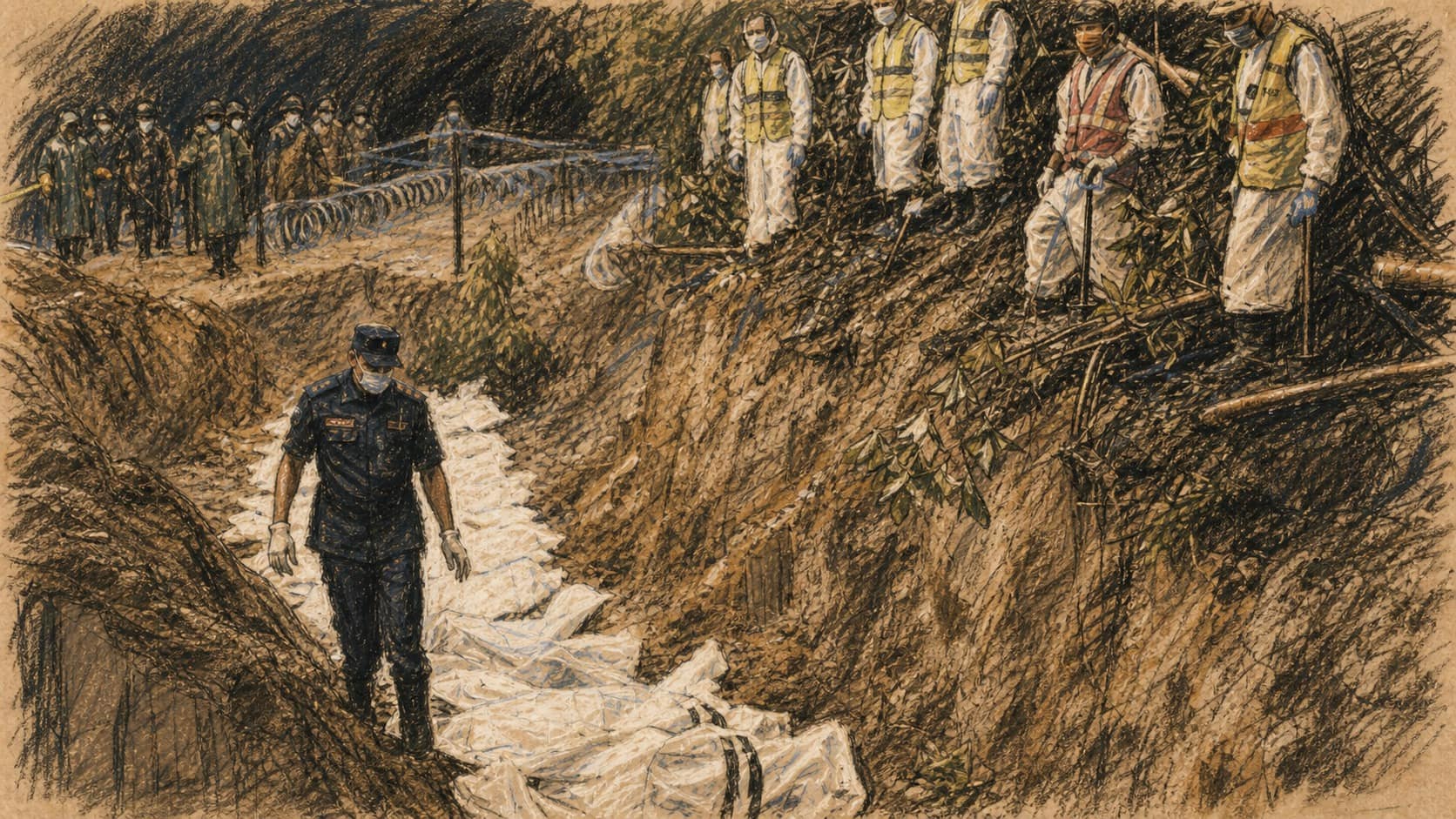 Courtroom-sketch editorial illustration of a masked rescue worker walking between rows of white body bags in a muddy trench while other responders stand along the embankment, rendered in warm ochre and slate-blue pastel strokes.