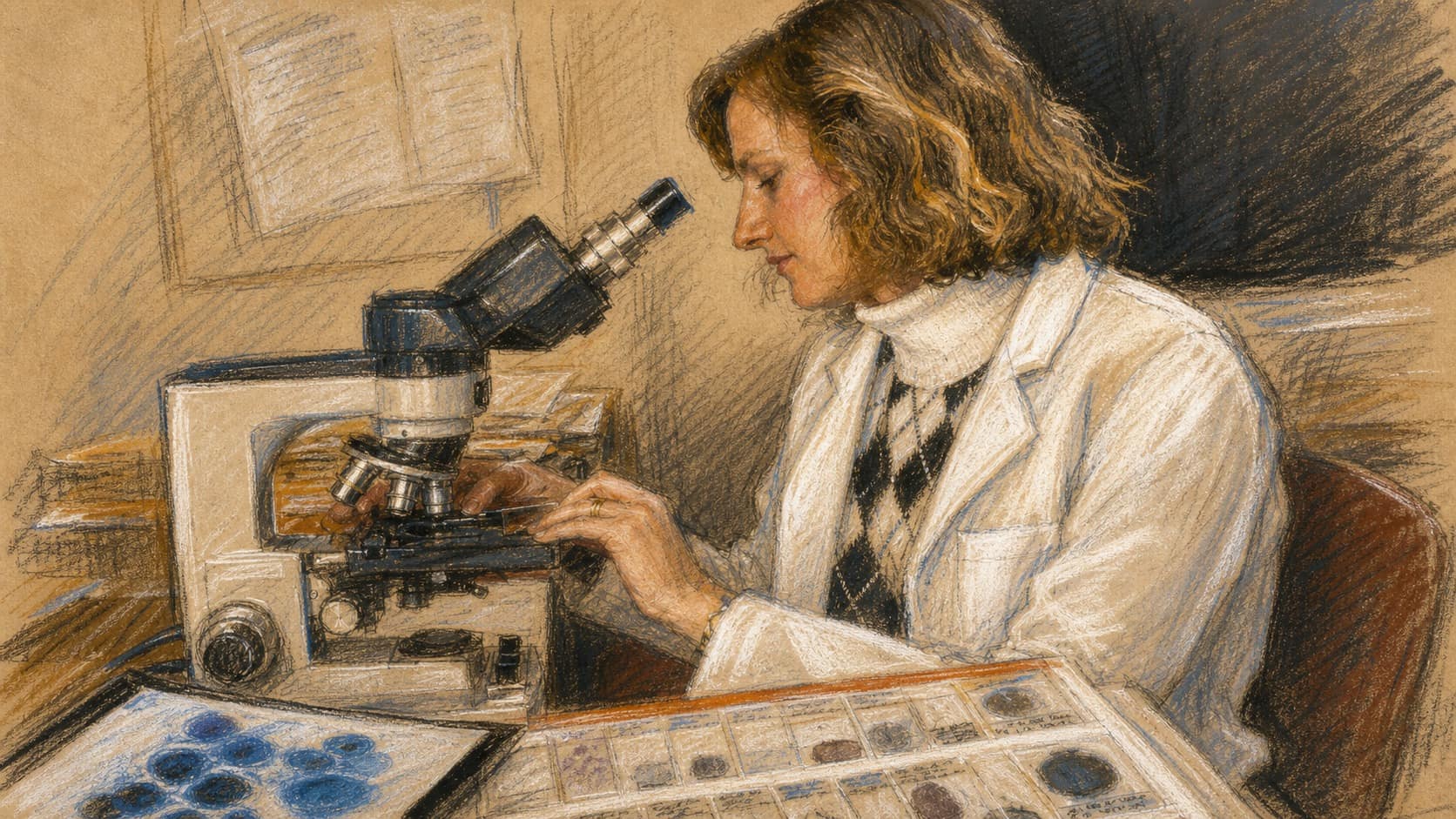 Courtroom-sketch editorial illustration of a female laboratory scientist examining Pap-smear slides at a microscope, with specimen trays arranged in the foreground, rendered in warm ochre and slate-blue pastel strokes.