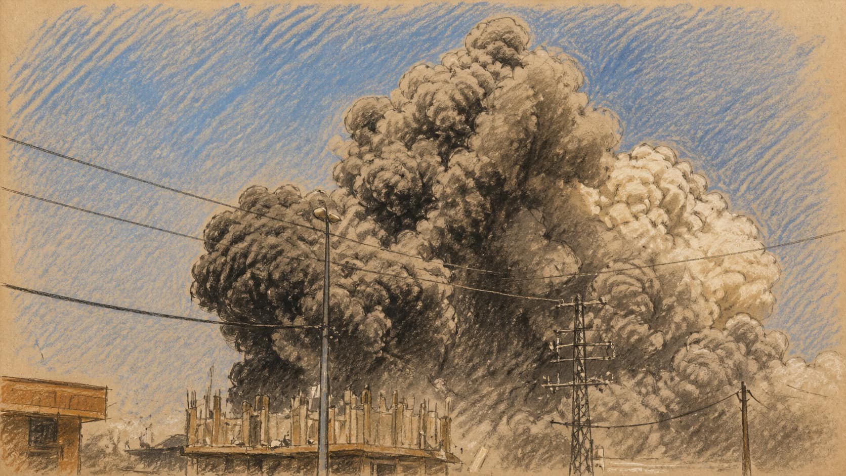 Courtroom-sketch editorial illustration of a dense gray-and-white smoke plume rising behind low urban buildings and utility lines beneath a blue sky, drawn in warm ochre and slate-blue pastel with cross-hatching on sepia newsprint.