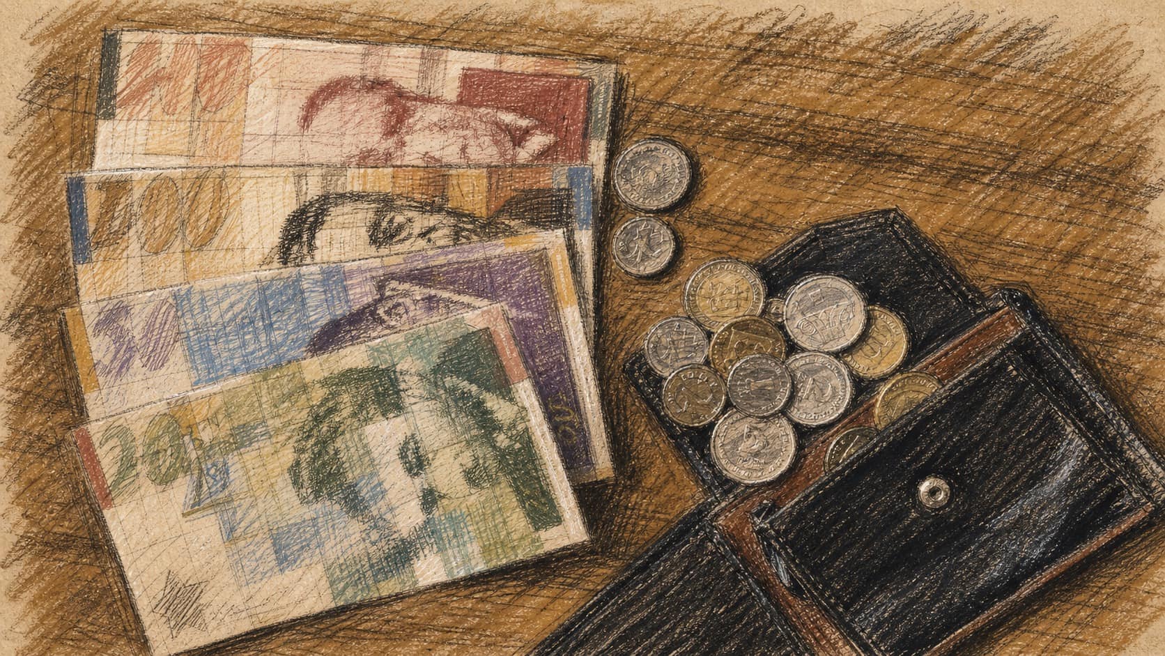 Courtroom-sketch editorial illustration of Israeli shekel banknotes and coins beside an open black wallet on a wooden table, drawn in warm ochre and slate-blue pastel with cross-hatching on sepia newsprint.