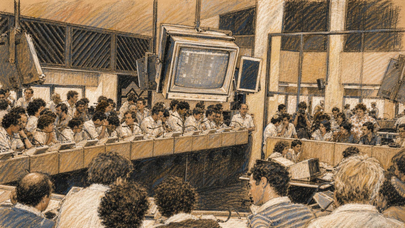 Courtroom-sketch editorial illustration of a crowded Tel Aviv Stock Exchange trading floor viewed from behind and slightly above, with brokers packed around angular counters beneath suspended quotation monitors, drawn in warm ochre and slate-blue pastel with cross-hatching on sepia newsprint.