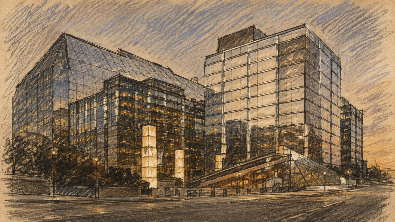 Courtroom-sketch editorial illustration of the Bank of Canada's modern glass office complex seen from street level at dusk, rendered in warm ochre and slate-blue pastel strokes.