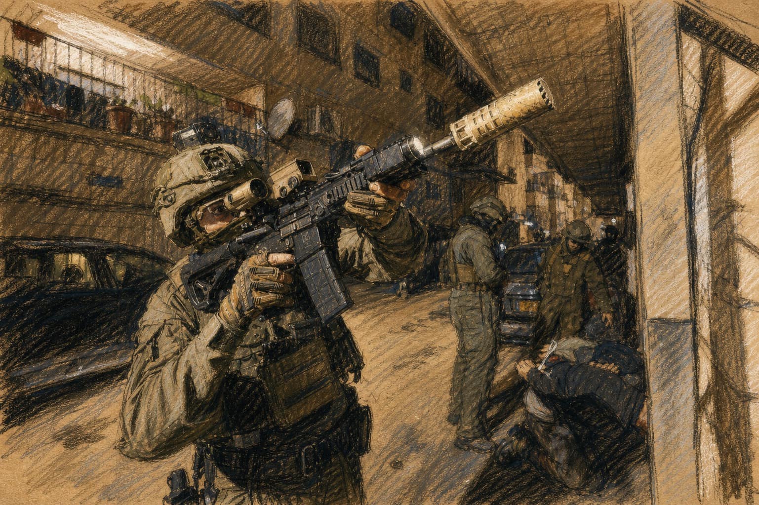 Courtroom-sketch editorial illustration of a helmeted Border Police officer aiming a rifle upward in a concrete residential passage, with other officers and crouching figures in the background, drawn in warm ochre and slate-blue pastel with cross-hatching on sepia newsprint.