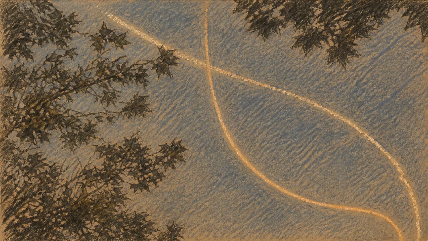 Courtroom-sketch editorial illustration of two bright interceptor trails crossing and curving through a dusk-blue sky framed by dark leafy tree branches, drawn in warm ochre and slate-blue pastel with cross-hatching on sepia newsprint.