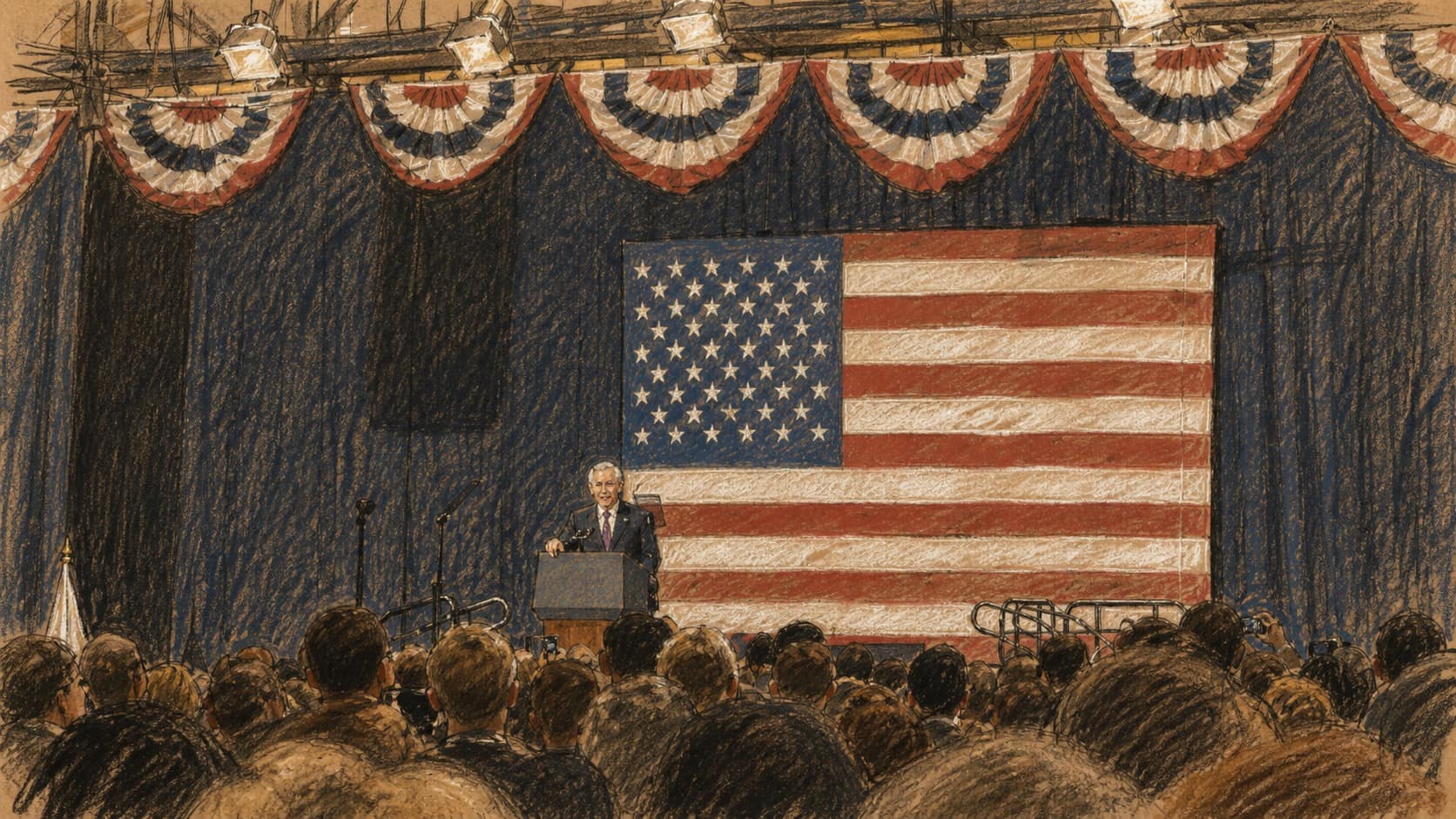Courtroom-sketch editorial illustration of Ed Markey speaking at a lectern before a packed campaign-rally crowd, framed by a large American flag and patriotic bunting in an indoor arena, drawn in warm ochre and slate-blue pastel with cross-hatching on sepia newsprint.