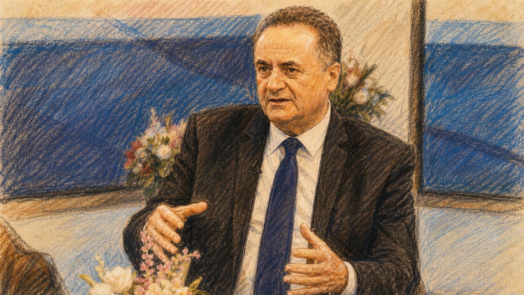 Courtroom-sketch editorial illustration of Israeli Defense Minister Israel Katz seated in a studio interview and gesturing with both hands above a flower arrangement, with blue studio panels behind him, drawn in warm ochre and slate-blue pastel with cross-hatching on sepia newsprint.