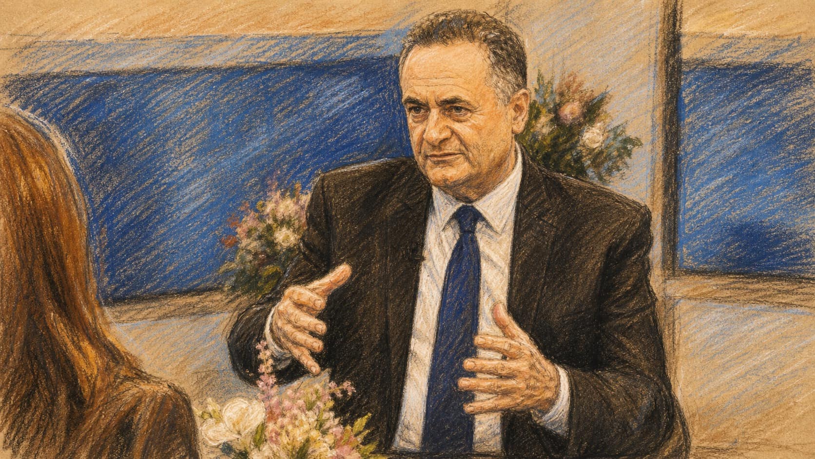 Courtroom-sketch editorial illustration of Israeli Defense Minister Israel Katz seated in a studio interview and gesturing with both hands toward a partially visible interviewer, with flowers and blue studio panels behind him, drawn in warm ochre and slate-blue pastel with cross-hatching on sepia newsprint.