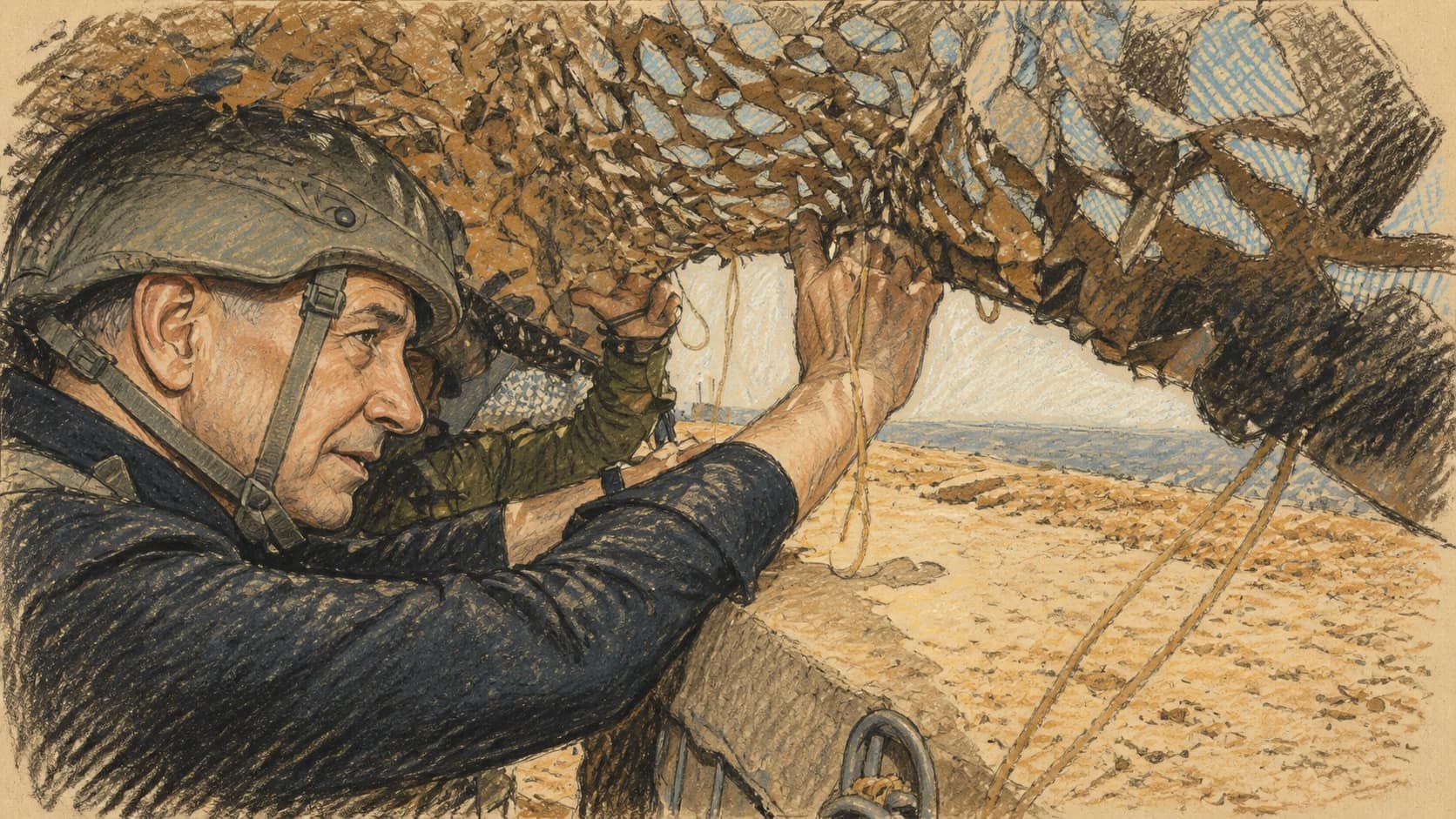 Courtroom-sketch editorial illustration of Prime Minister Benjamin Netanyahu wearing a military helmet and leaning from a camouflaged observation post overlooking Gaza, drawn in warm ochre and slate-blue pastel with cross-hatching on sepia newsprint.
