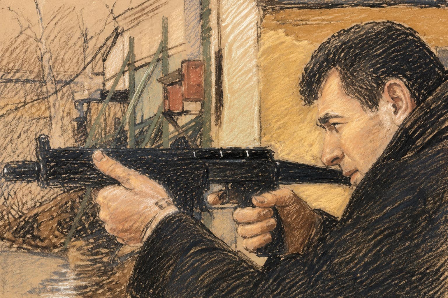 Courtroom-sketch editorial illustration of a dark-haired man in a black coat aiming a rifle outdoors beside a weathered building, drawn in warm ochre and slate-blue pastel with cross-hatching on sepia newsprint.