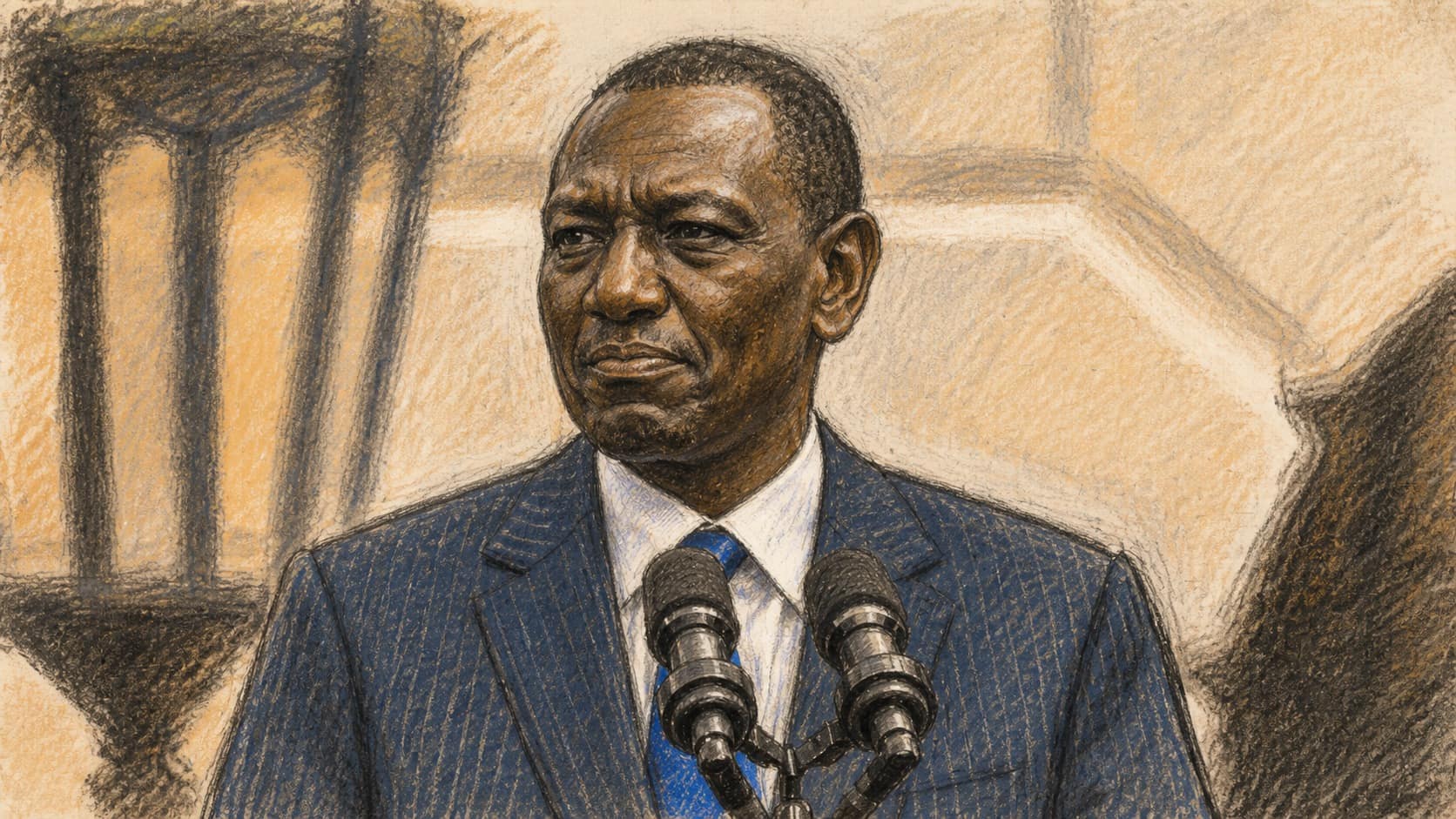 Courtroom-sketch editorial illustration of Kenyan President William Ruto shown chest-up behind two microphones against a pale architectural background, rendered in warm ochre and slate-blue pastel strokes.