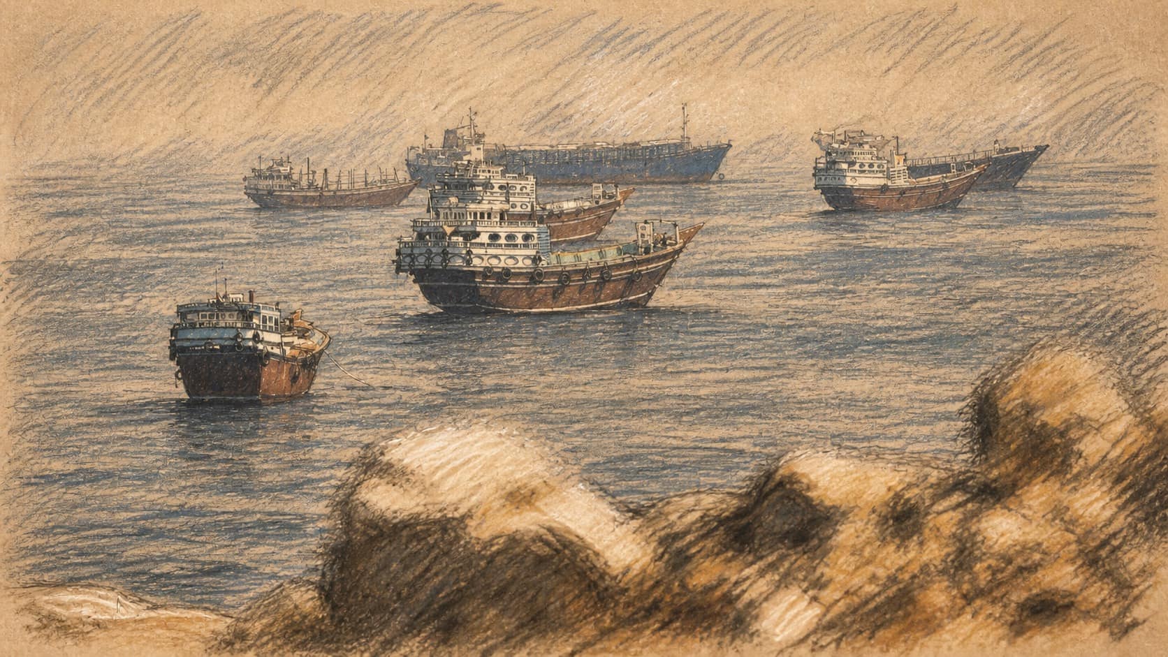 Courtroom-sketch editorial illustration of six cargo vessels spaced across calm hazy coastal waters beyond a rocky shoreline, rendered in warm ochre and slate-blue pastel strokes.