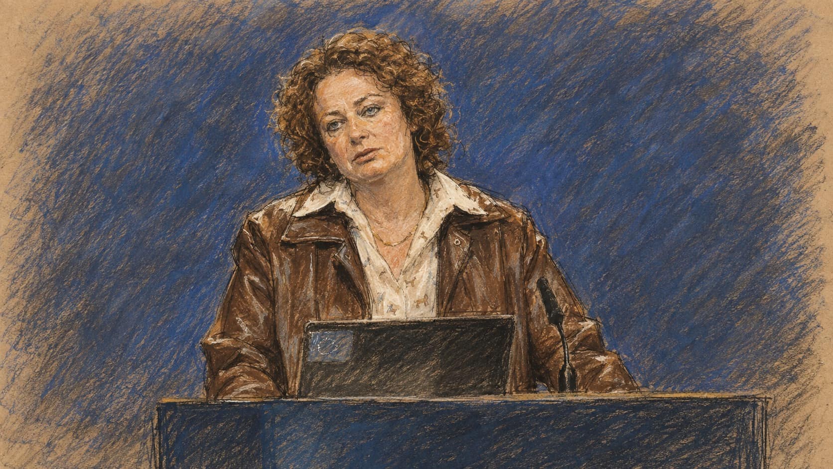 Courtroom-sketch editorial illustration of a curly-haired woman in a brown jacket speaking behind a dark lectern at a formal press briefing, rendered in warm ochre and slate-blue pastel strokes.