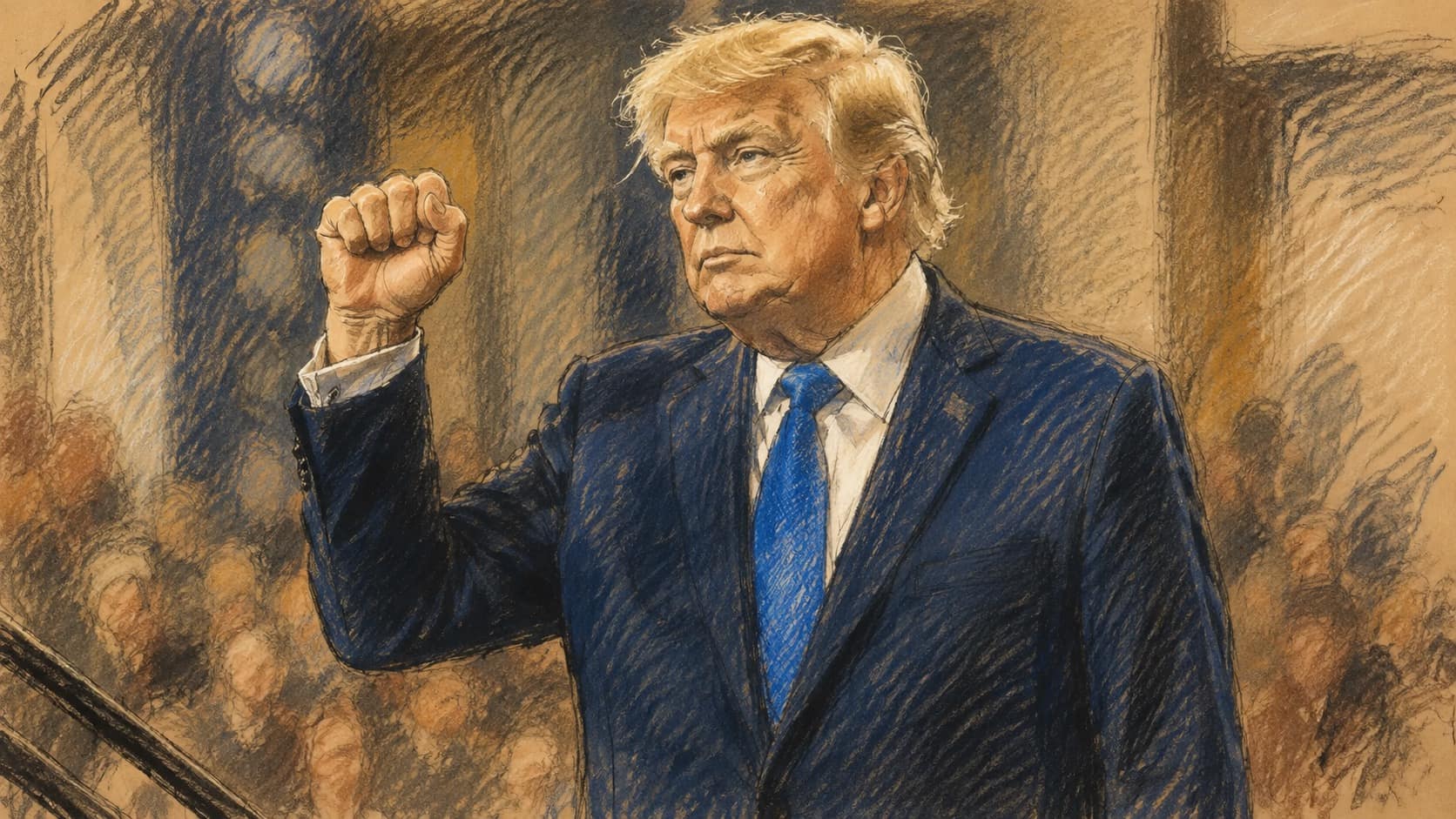 Courtroom-sketch editorial illustration of Donald Trump in a navy suit and blue tie raising a clenched fist before a blurred indoor crowd, drawn in warm ochre and slate-blue pastel with cross-hatching on sepia newsprint.