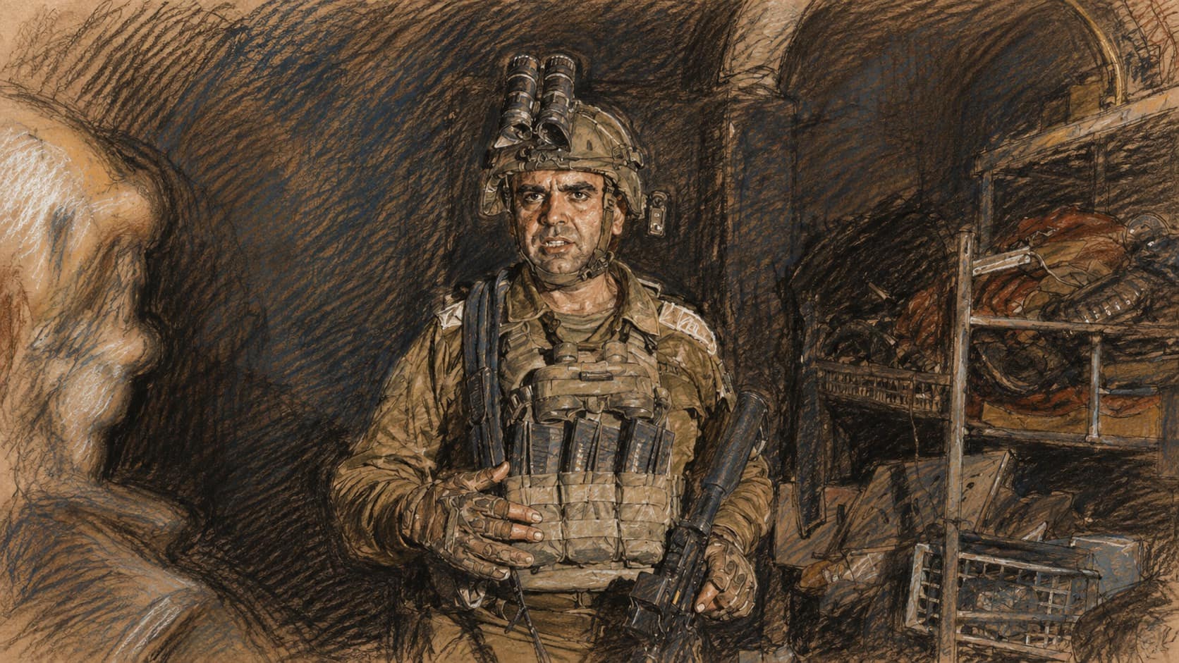 Courtroom-sketch editorial illustration of an Israeli commander in combat gear standing inside a dark underground tunnel, with another soldier in the foreground and equipment shelving beside him, drawn in warm ochre and slate-blue pastel with cross-hatching on sepia newsprint.