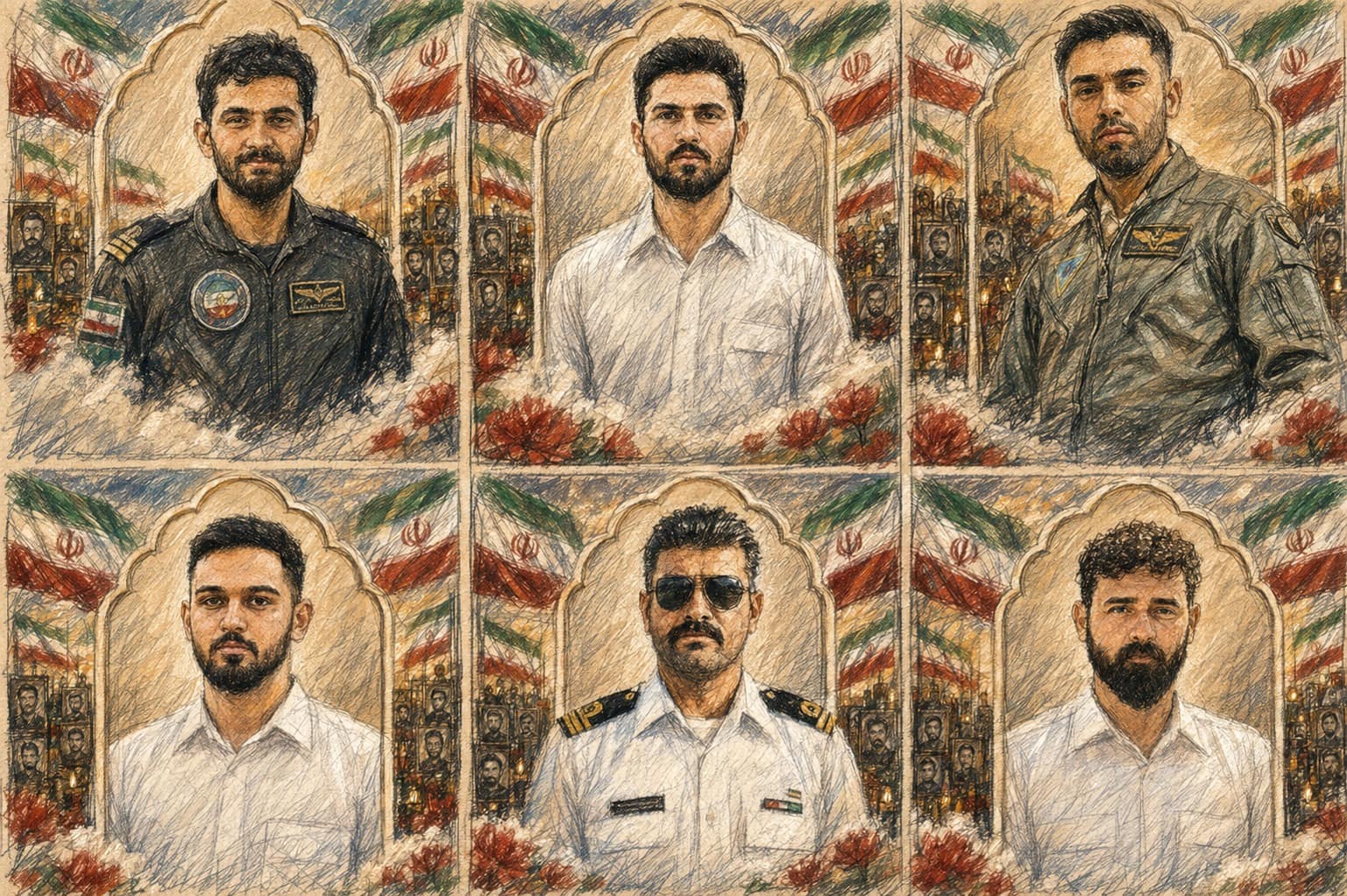 Courtroom-sketch editorial illustration of six Iranian military personnel shown in a three-by-two memorial portrait montage with Iranian flags and flowers behind them, drawn in warm ochre and slate-blue pastel with cross-hatching on sepia newsprint.
