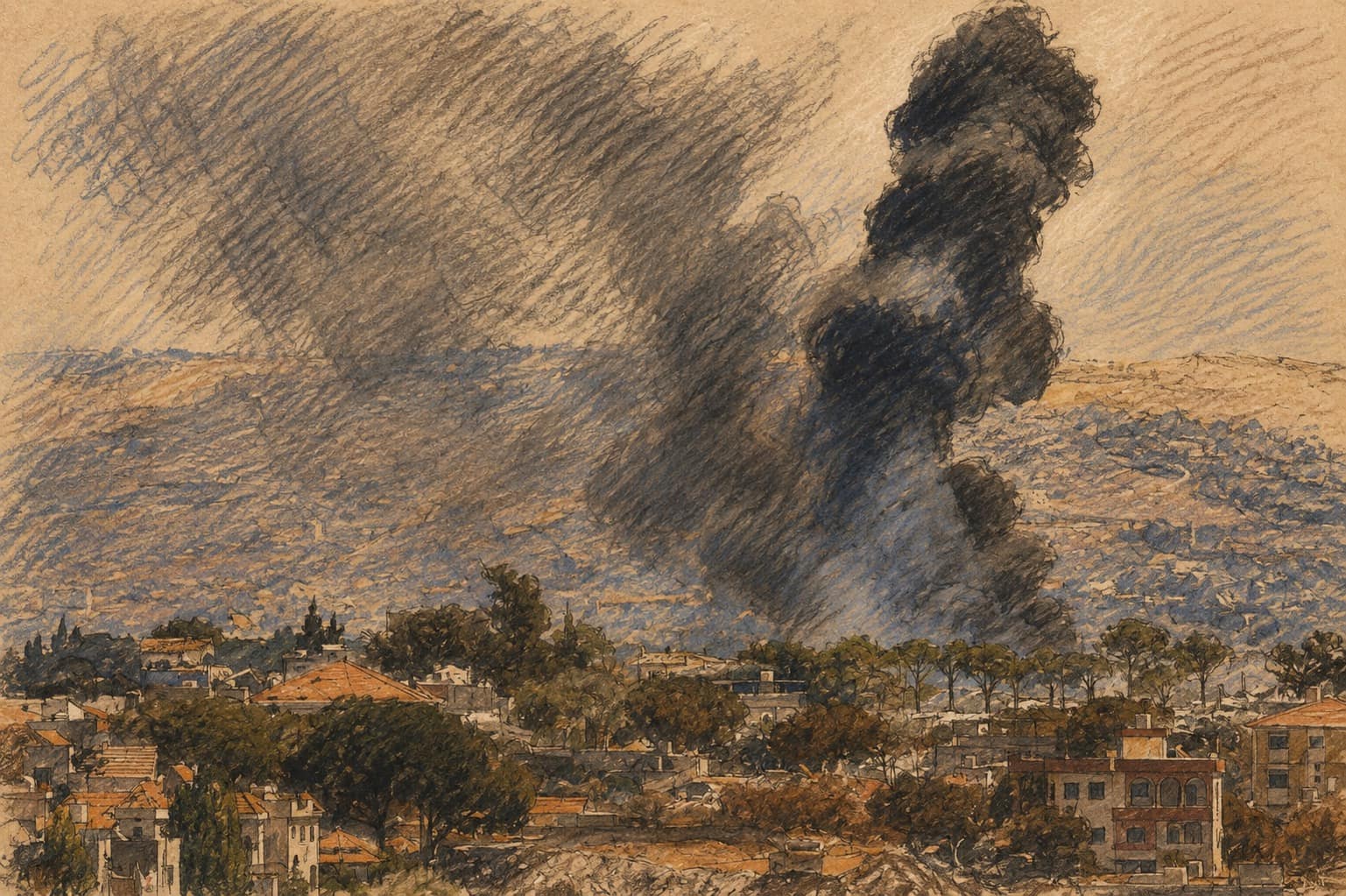 Courtroom-sketch editorial illustration of two dark smoke columns rising above houses and trees in a Lebanese border town, drawn in warm ochre and slate-blue pastel with cross-hatching on sepia newsprint.