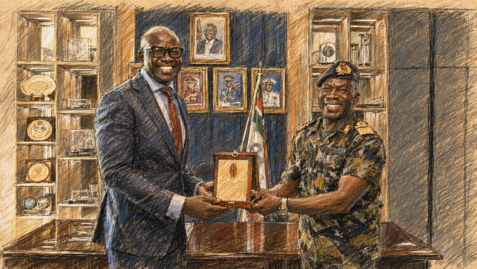 Courtroom-sketch editorial illustration of a suited Kenyan official and a Kenyan military officer jointly holding a commemorative plaque in an official office, rendered in warm ochre and slate-blue pastel strokes.