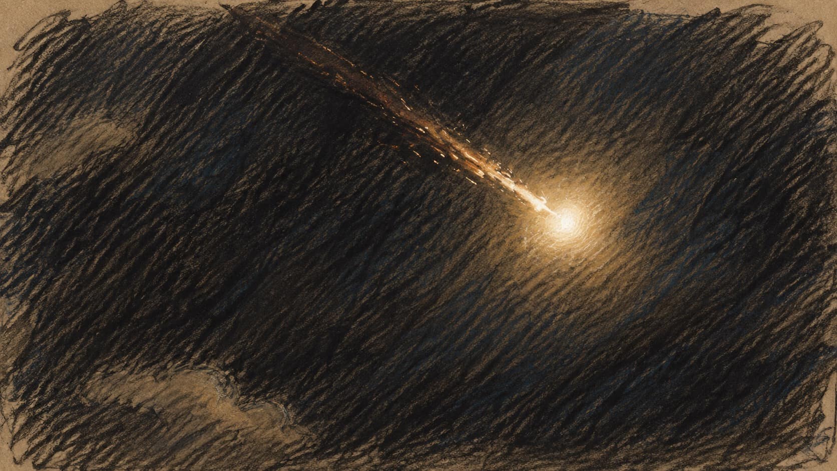 Courtroom-sketch editorial illustration of a bright aerial threat streaking diagonally through the night sky with a glowing trail and sparks, rendered in warm ochre and slate-blue pastel strokes.