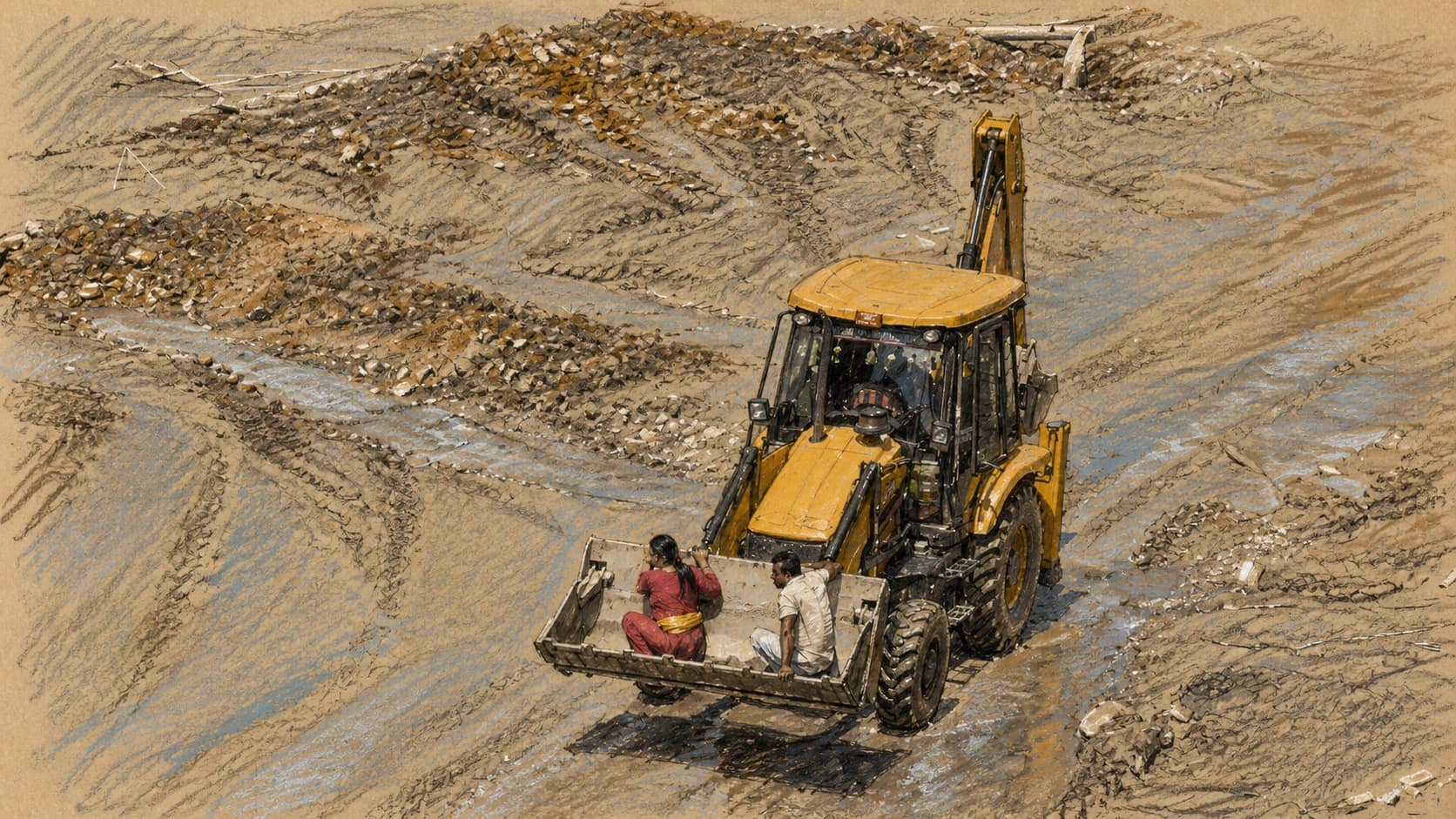 Courtroom-sketch editorial illustration of a yellow backhoe crossing a debris-choked floodplain with two people riding in its front bucket, rendered in warm ochre and slate-blue pastel strokes.