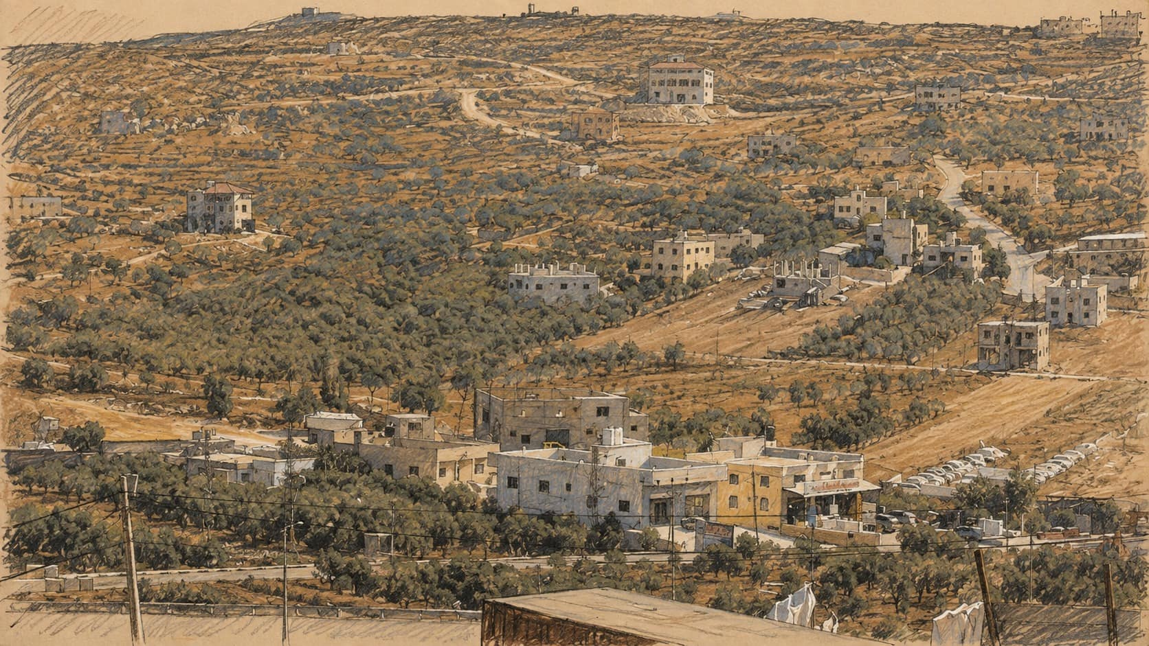 Courtroom-sketch editorial illustration of Qusra's hillside homes, winding roads, terraced fields, and olive groves, drawn in warm ochre and slate-blue pastel with cross-hatching on sepia newsprint.