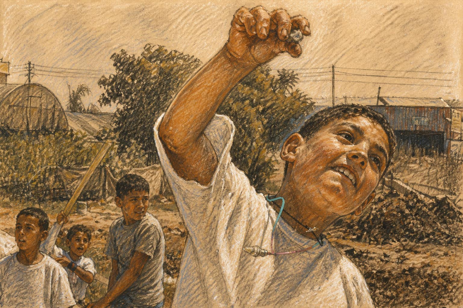 Courtroom-sketch editorial illustration of a Palestinian youth winding up to throw a stone outdoors while three other youths stand behind him, drawn in warm ochre and slate-blue pastel with cross-hatching on sepia newsprint.