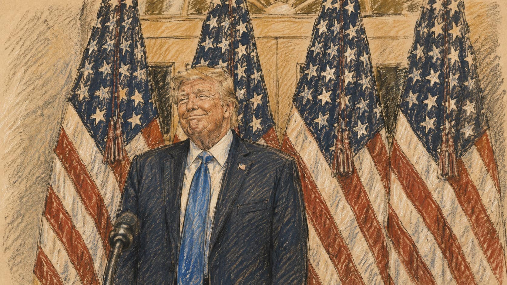 Courtroom-sketch editorial illustration of Donald Trump standing before a dense bank of United States flags at the White House, drawn in warm ochre and slate-blue pastel with cross-hatching on sepia newsprint.