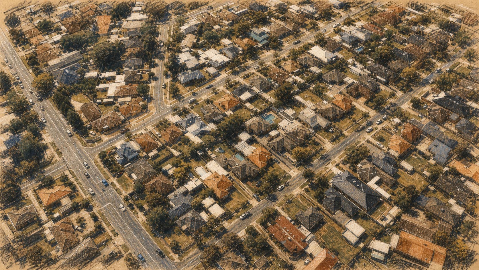 Courtroom-sketch editorial illustration of an aerial view of a dense Australian suburb with detached houses, tree-lined streets, and a broad divided road, rendered in warm ochre and slate-blue pastel strokes.