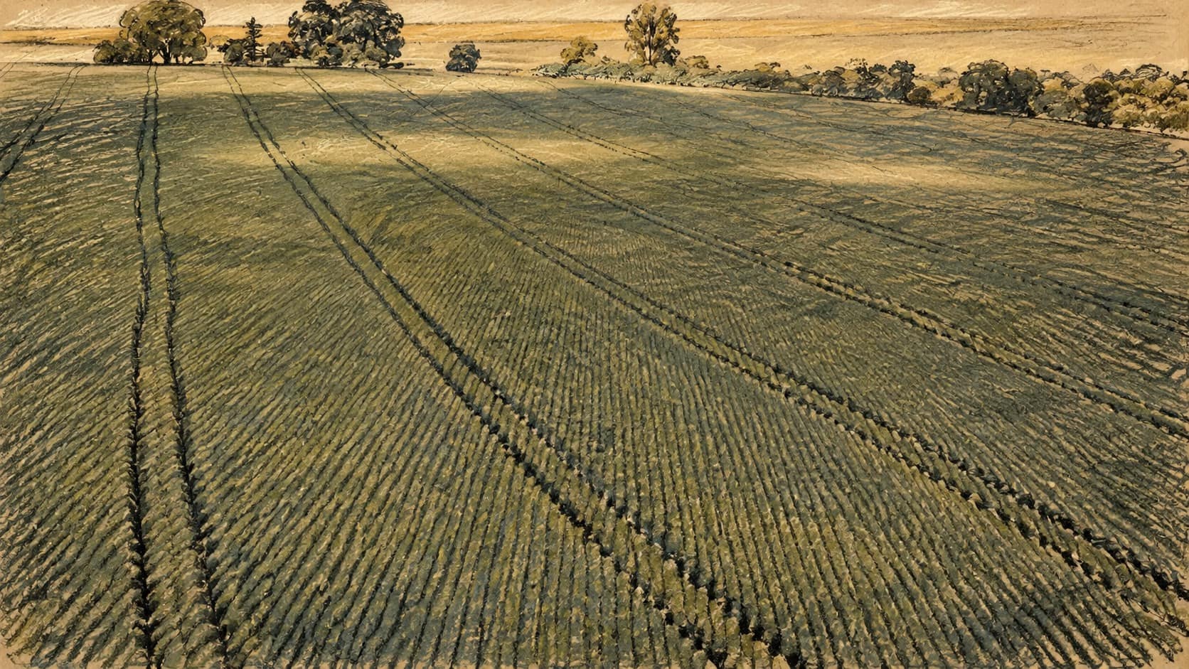 Courtroom-sketch editorial illustration of a vast cultivated field with dense crop rows, curving tractor tracks, and trees along the distant horizon, rendered in warm ochre and slate-blue pastel strokes.