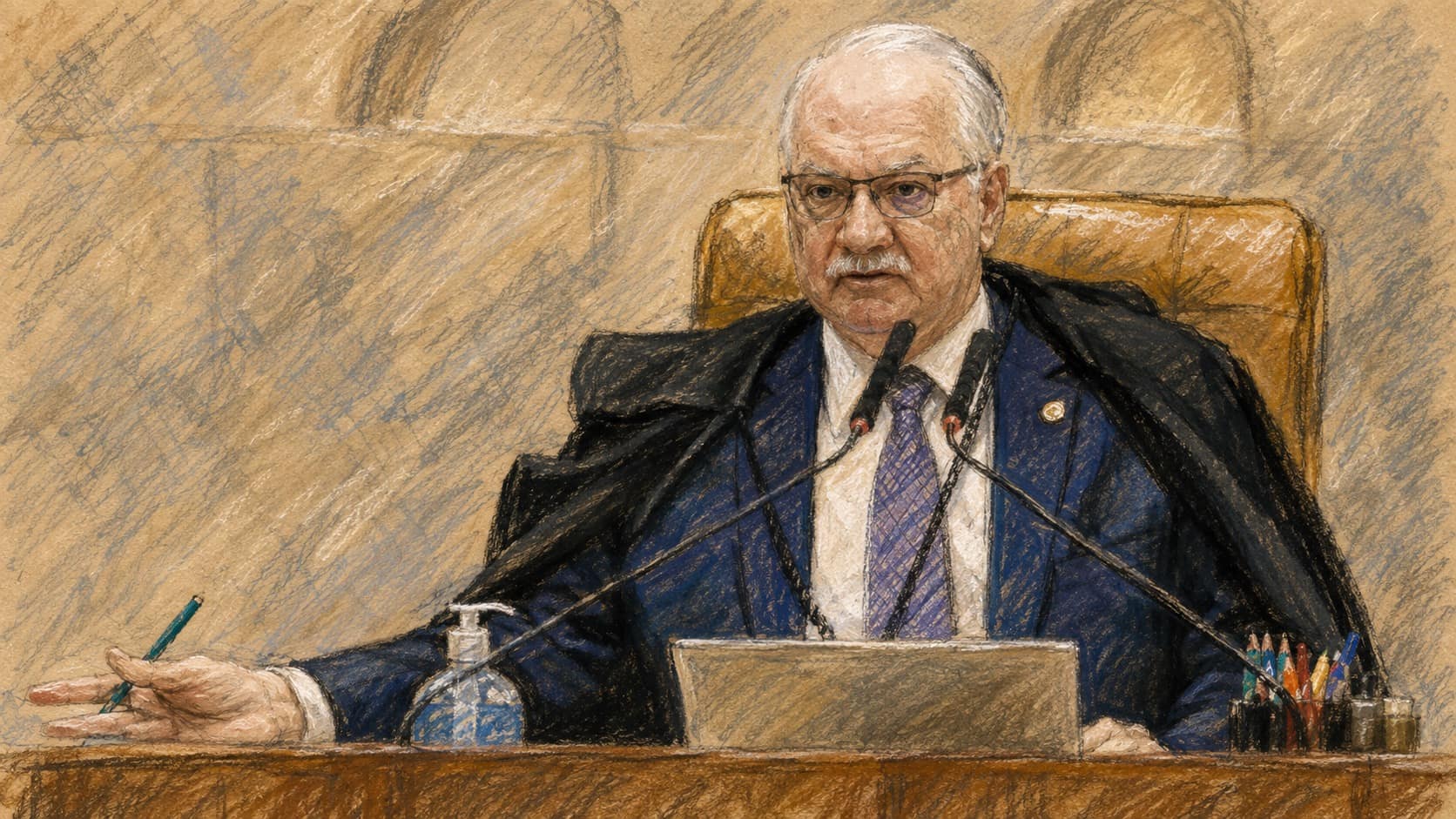 Courtroom-sketch editorial illustration of Brazil's Chief Justice Edson Fachin in judicial robes seated behind the Supreme Court bench with microphones, a laptop, and his left hand extended holding a green pen, rendered in warm ochre and slate-blue pastel strokes.